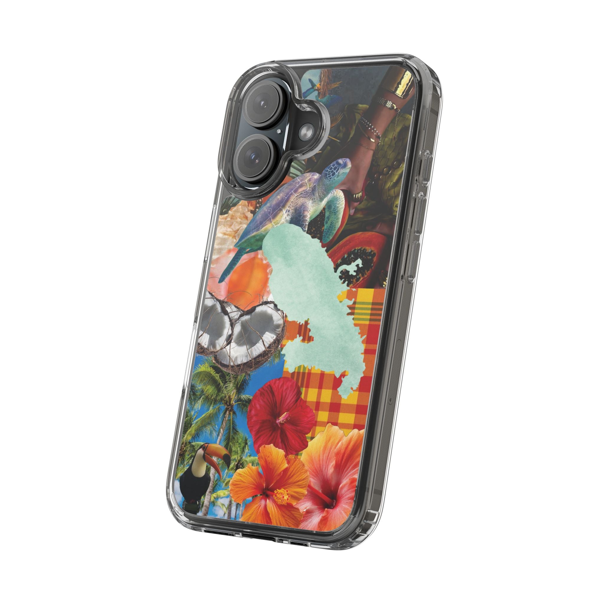 Tropical Collage Clear Phone Case — Sea Turtle & Hibiscus Island Design