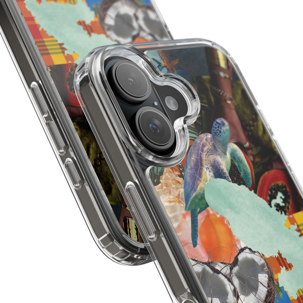 Tropical Collage Clear Phone Case — Sea Turtle & Hibiscus Island Design