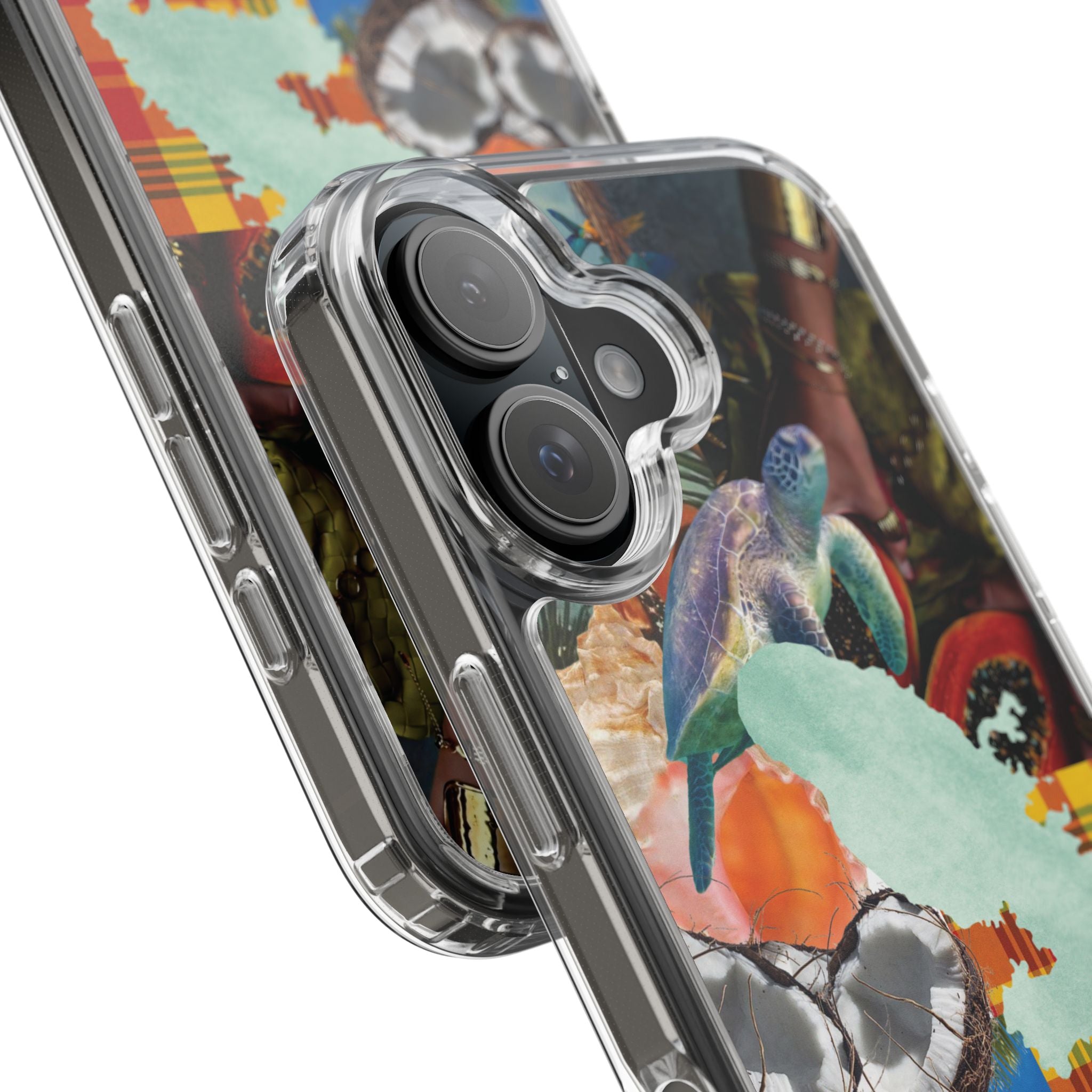 Tropical Collage Clear Phone Case — Sea Turtle & Hibiscus Island Design