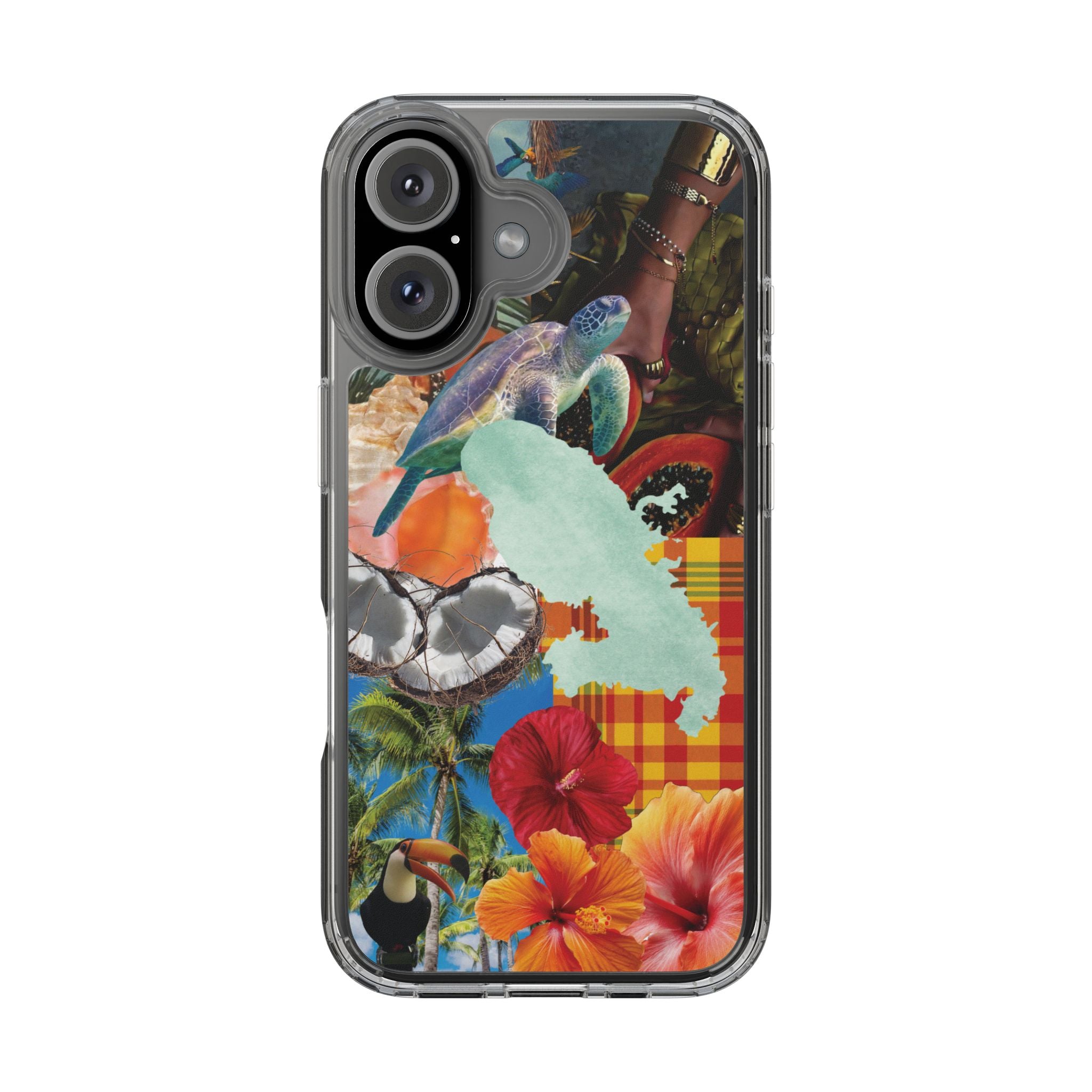 Tropical Collage Clear Phone Case — Sea Turtle & Hibiscus Island Design