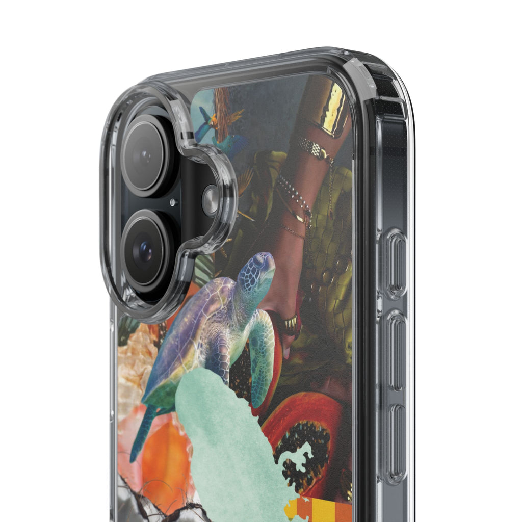 Tropical Collage Clear Phone Case — Sea Turtle & Hibiscus Island Design